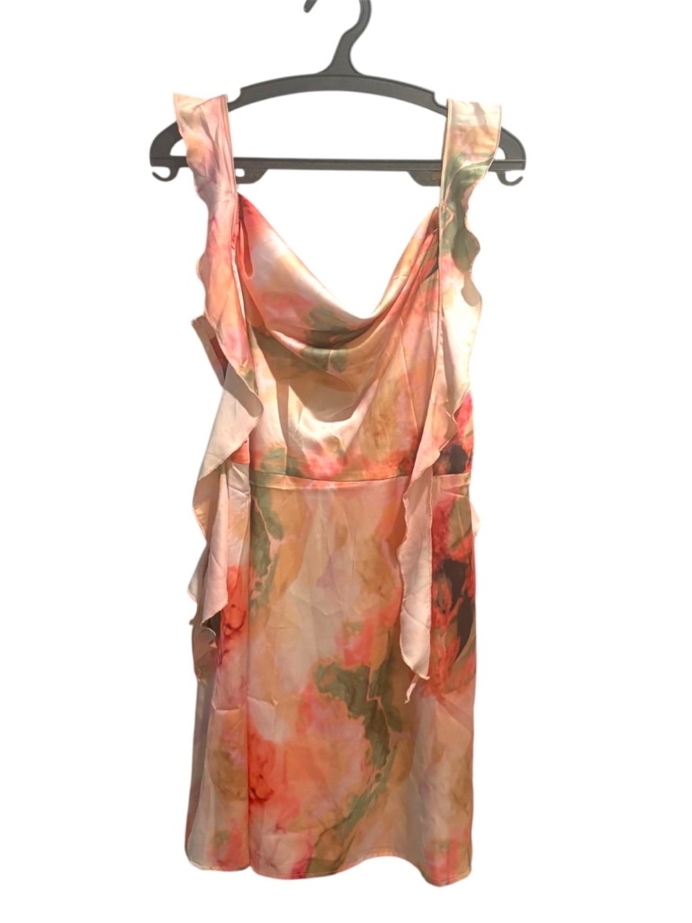 NWT Cider Satin Slip Dress L Cowl Neck Ruched Accents Watercolor Romantic Artsy
